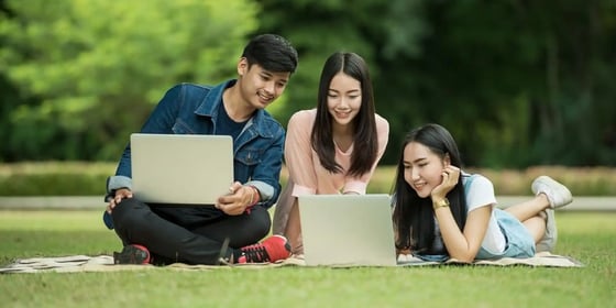 Studierende lernen auf einer Wiese