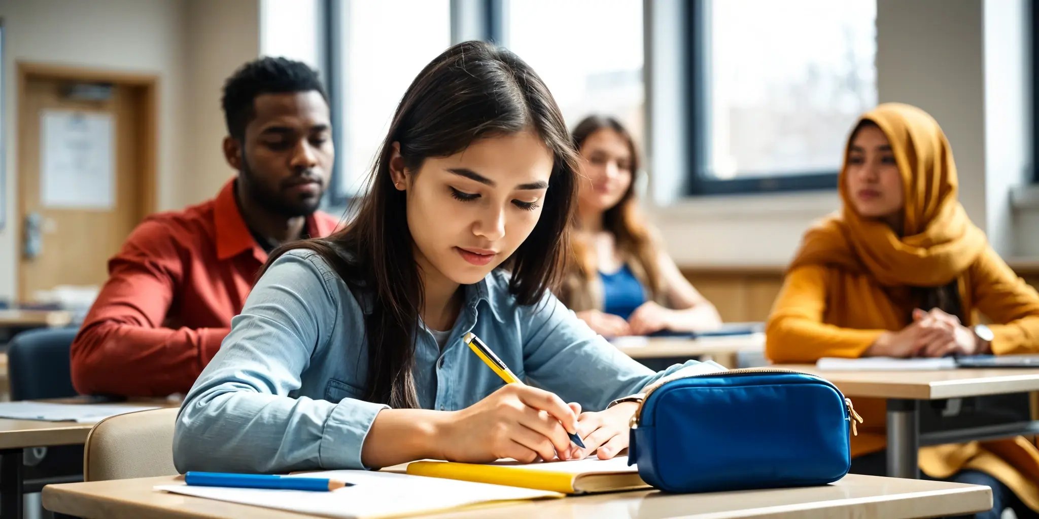 An Asian girl writing notes attentively during class, sitting at a desk in a well-lit classroom.