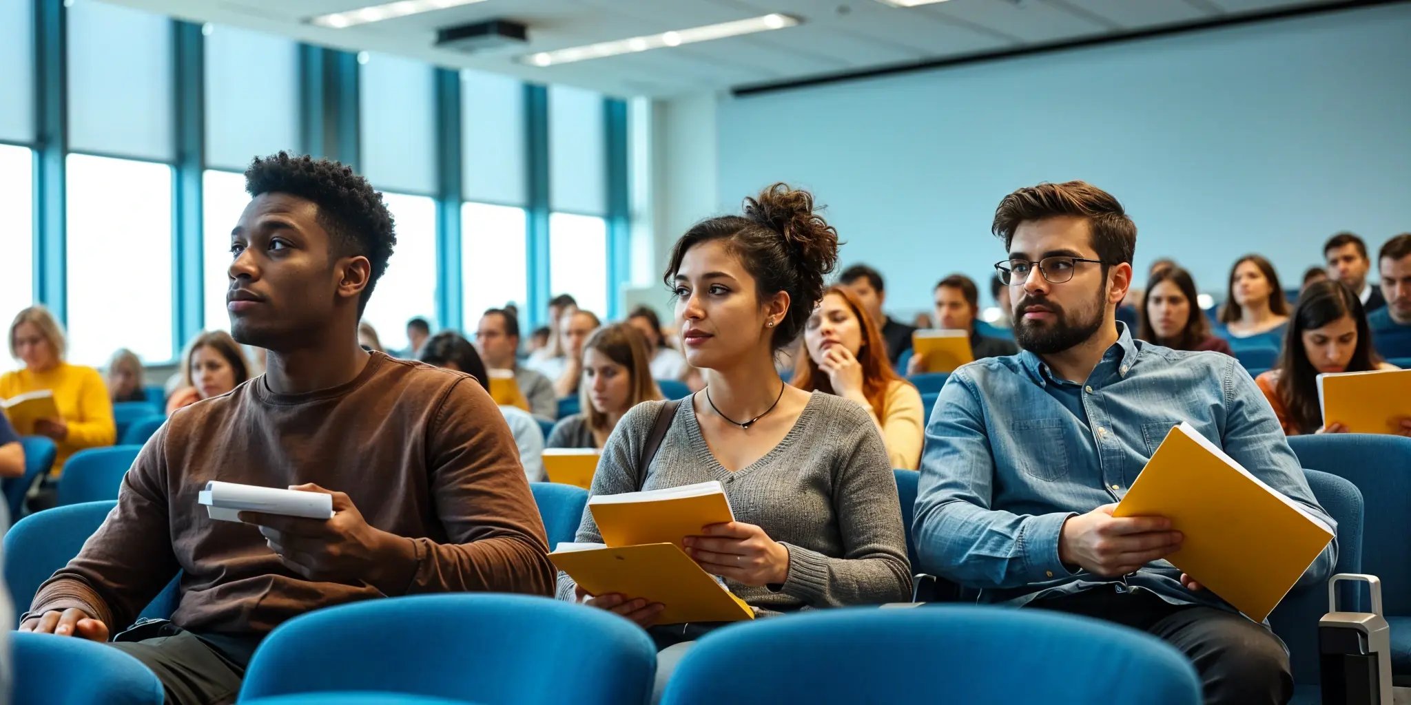  Three international students sitting in a lecture room, focused and engaged as they listen to the lecture and take notes.