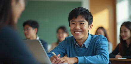 An international student sitting in a lecture room