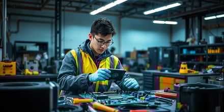 An electrical engineering student, working in a workshop on an electrical board.