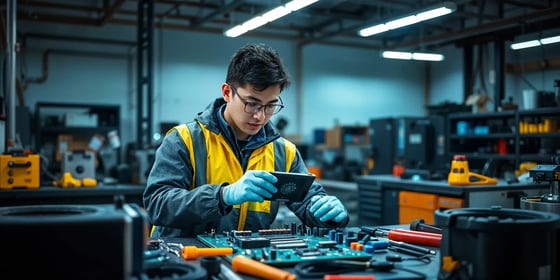 An electrical engineering student, working in a workshop on an electrical board.