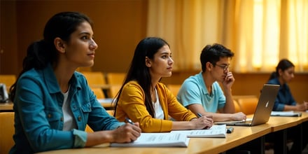 Three students in focus, sitting in a business administration lecture room, attentively listening to the teacher.