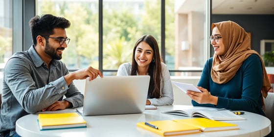 Three international students sit at a table in a well-lit library, studying and discussing their notes. 