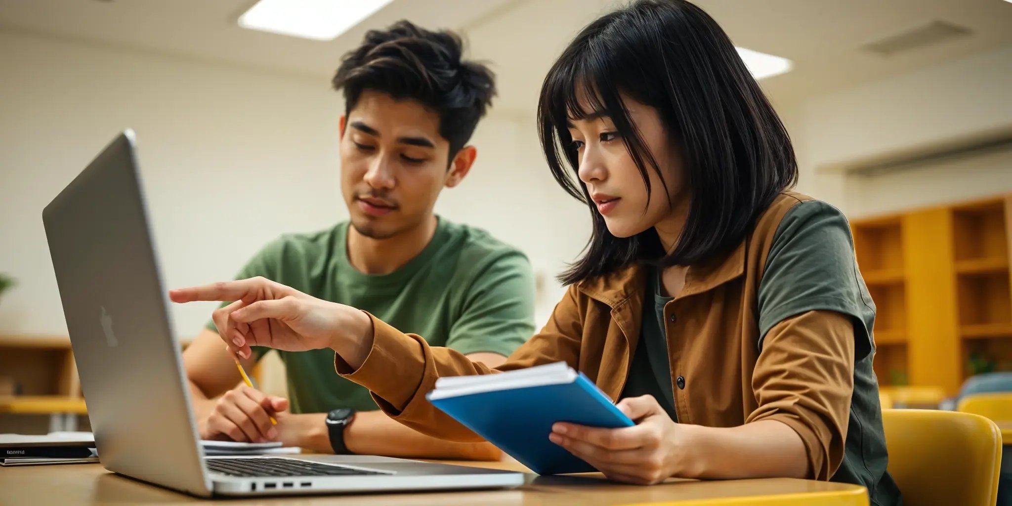 Two international students engaged in a discussion about their English language proficiency test while working together on a laptop.