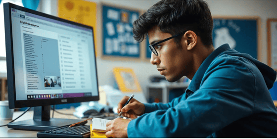 Indian student focused on completing an English language proficiency test on their laptop, preparing for admission to a German university.