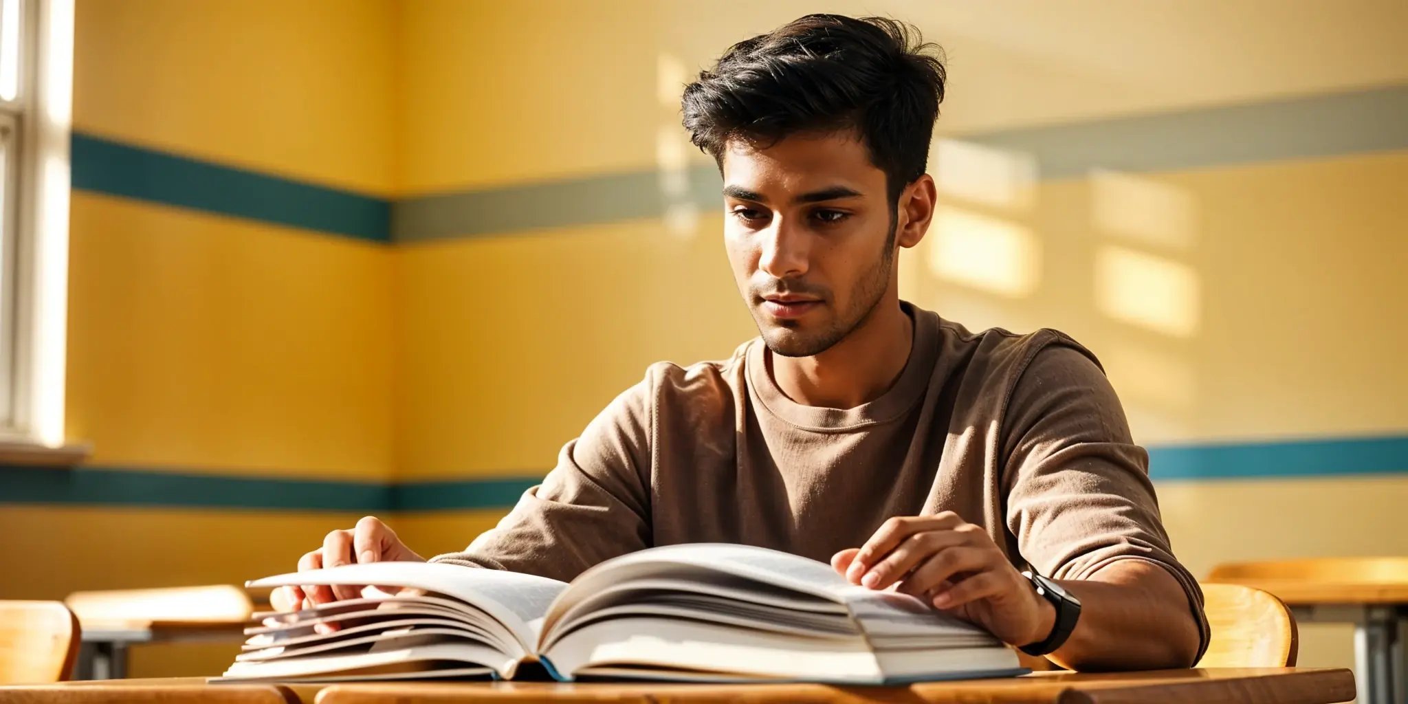 An Indian student sitting in front of an open book, looking thoughtful, likely reflecting on their studies or preparing for an exam.