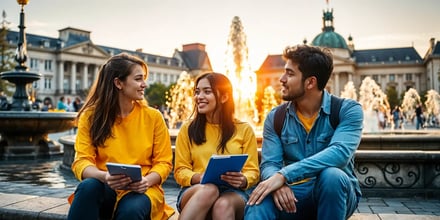 Three international students, possibly classmates, are sitting together outdoors in Germany, enjoying a casual discussion.