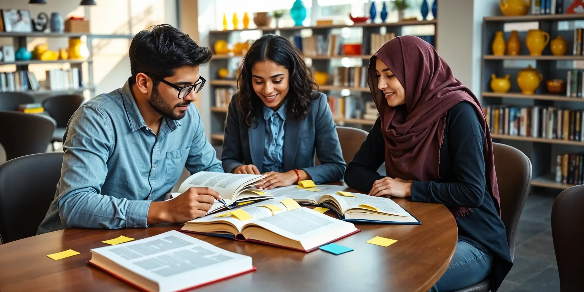 Three international students studying German in a library or study room, focused on their learning materials, collaborating on their language skills.