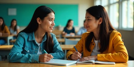 Two international students studying in a lecture room, having a conversation.