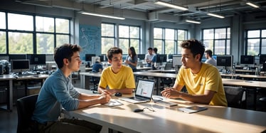 Three class mates sitting in a computer lap, working on a project together. 