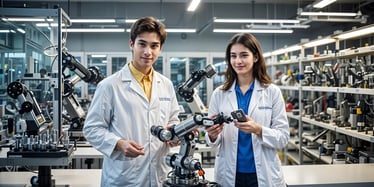 Two master's students standing in a robotics lab. 