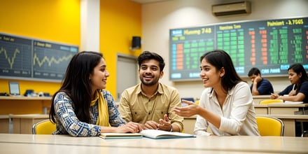 An Indian student in a finance lecture room.