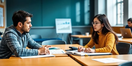 Two international students in a discussion room, focused on studying human resource management together, with textbooks and notes spread out on the table.