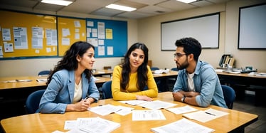 Management master's students having an academic discussion.