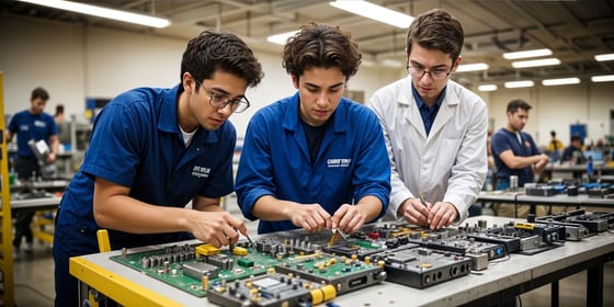 Two students and one professor in a mechanical engineering workshop.