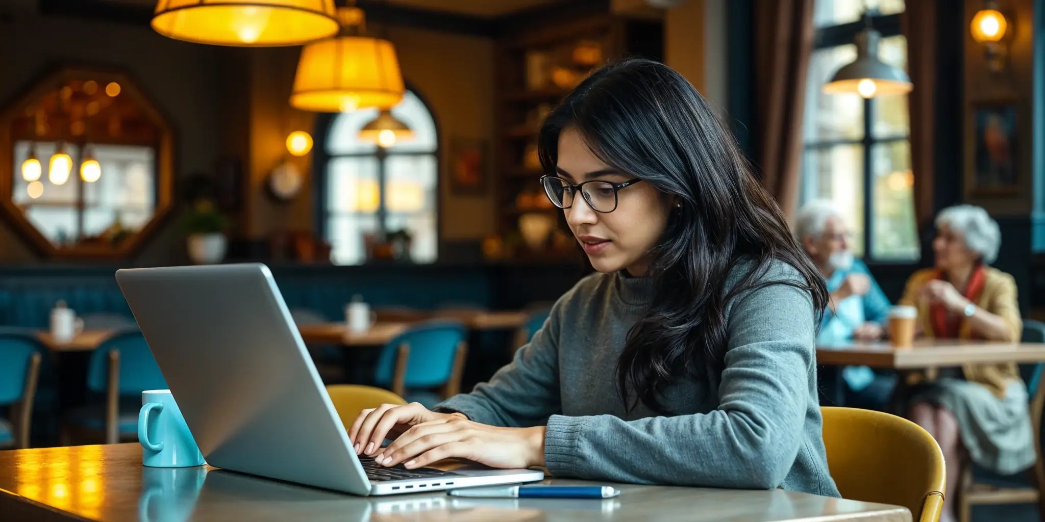 Indian girl sitting in a cafe, filling out an admission form on her laptop