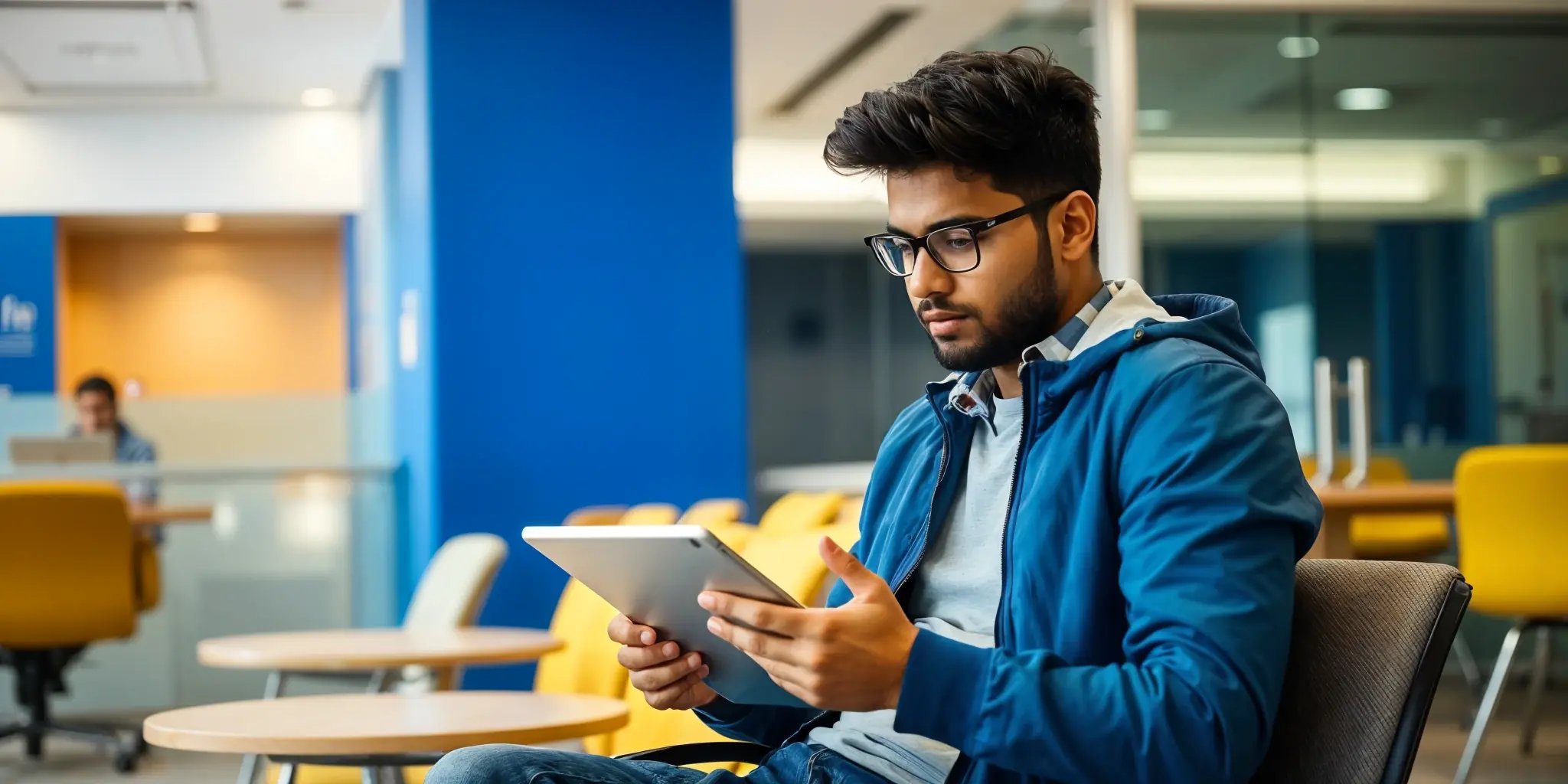 Brown man sitting in a cafe, looking at something on his tablet. 