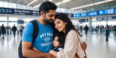 A south asian family greeting each other at the airport